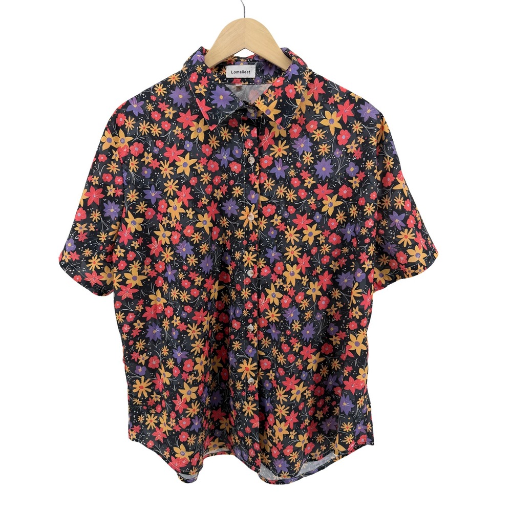 Lomaiiest Womens 2XL Floral Button Down Shirt Short Sleeve Black Multi Color
